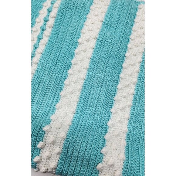 Handmade Striped Crochet Blanket With Bobble Stitch Design In Aqua & White - Picture 1 of 9